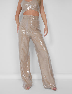 Wide Leg Sequin Trousers Nude