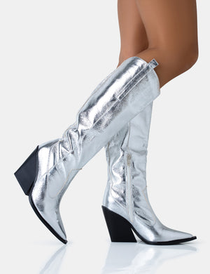 Nevada Silver Metallic Western Cowboy Pointed Toe Block Heel Knee High Boots