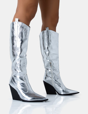 Nevada Silver Metallic Wide Fit Western Cowboy Pointed Toe Block Heel Knee High Boots