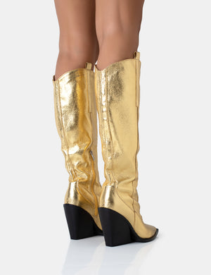 Nevada Gold Metallic Western Cowboy Pointed Toe Block Heel Knee High Boots