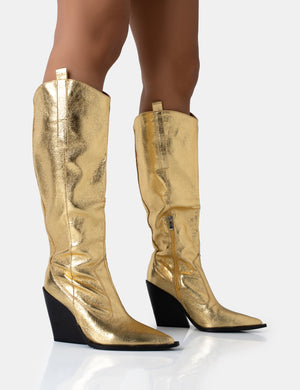 Nevada Gold Metallic Western Cowboy Pointed Toe Block Heel Knee High Boots