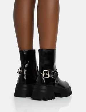 Blizzard Black Silver Metal Buckle Detailed Zip Up Chunky Ankle Boots