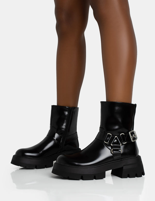 Blizzard Black Silver Metal Buckle Detailed Zip Up Chunky Ankle Boots