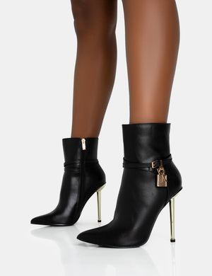 Jalan Black Pu Padlock Pointed Toe Gold Stiletto Heel Ankle Boots