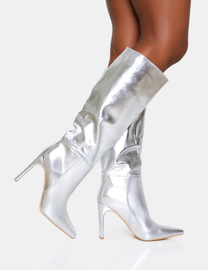 Undone Silver Pu Knee High Zip Up Pointed Toe Thin Block Heeled Boots