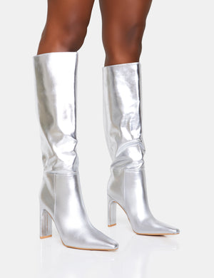 Undone Silver Pu Knee High Zip Up Pointed Toe Thin Block Heeled Boots