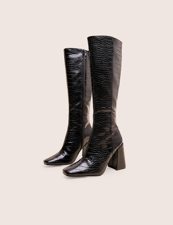 Apology Black Patent Croc Knee High Block Heel Boots