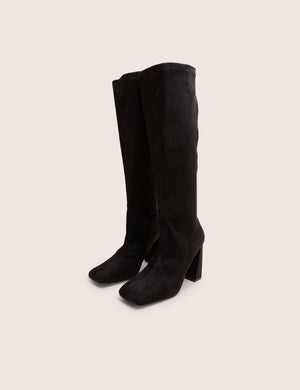 Audrina Black Suede Wide Fit Block Heel Knee High Sock Boots