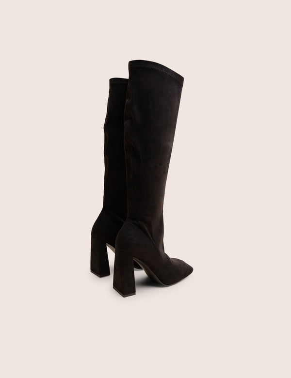Audrina Black Suede Wide Fit Block Heel Knee High Sock Boots