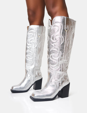 Austine Wide Fit Silver Western Block Heel Knee High Boots