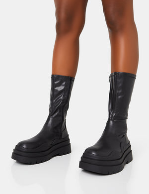 Cam Black Chunky Platform Round Toe PU Knee High Boots