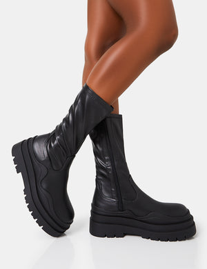 Cam Black Chunky Platform Round Toe PU Knee High Boots