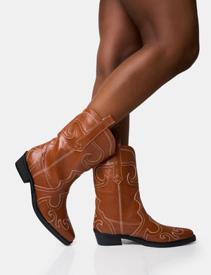 Folklore Tan Embroidered Flat Western Ankle Boots