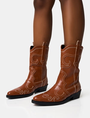 Folklore Tan Embroidered Flat Western Ankle Boots