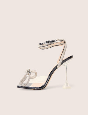 Glimmer Black Wrap Around Diamante Bow Square Toe Heels