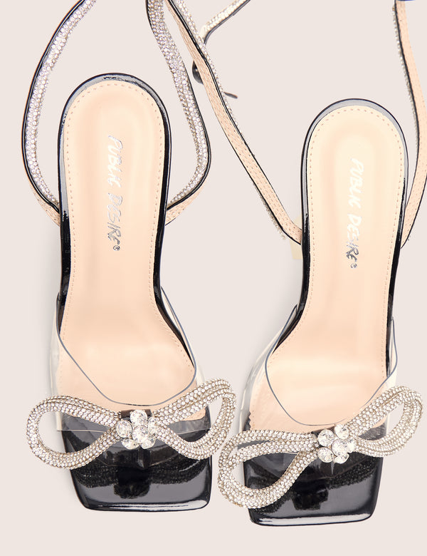 Glimmer Black Wrap Around Diamante Bow Square Toe Heels