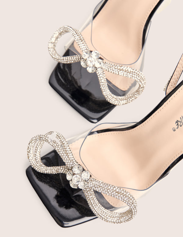 Glimmer Black Wrap Around Diamante Bow Square Toe Heels