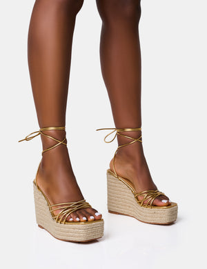 Heated Gold Strappy Lace Up Jute Wedges