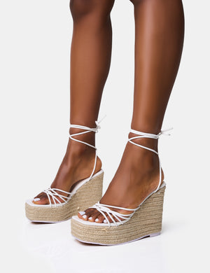 Heated White Strappy Lace Up Jute Wedges