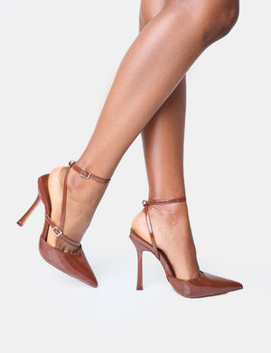 Idol Chocolate Patent Buckle Strappy Detail Stiletto Pointed Toe Court High Heels