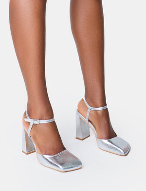 Leighton Cracked Silver Slant Toe Block Heels