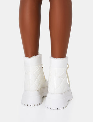 Magda White Patent Quilted Chunky Sole Rounded Toe Ankle Boots