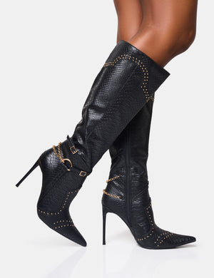 Main Character Embellished Vintage Black Pointed Toe Stiletto Boots