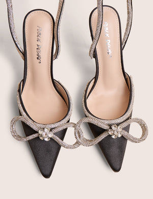 Midnight Black Wrap Around Diamante Bow Pointed Toe High Heels