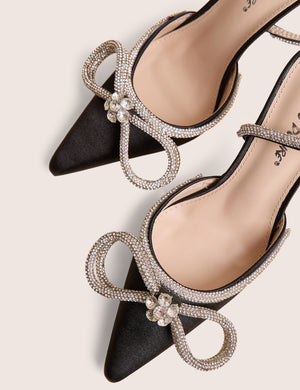Midnight Black Wrap Around Diamante Bow Pointed Toe High Heels