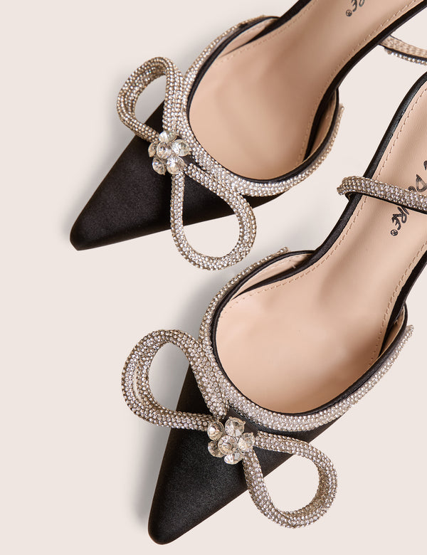 Midnight Black Wrap Around Diamante Bow Pointed Toe High Heels