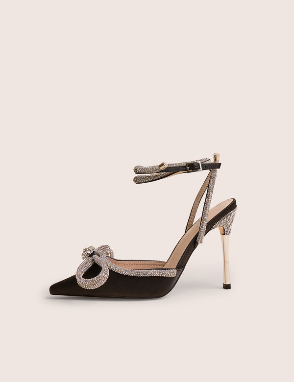 Midnight Black Wrap Around Diamante Bow Pointed Toe High Heels