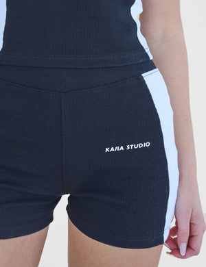 Kaiia Studio Contrast Panel Ribbed Mini Shorts Black & White