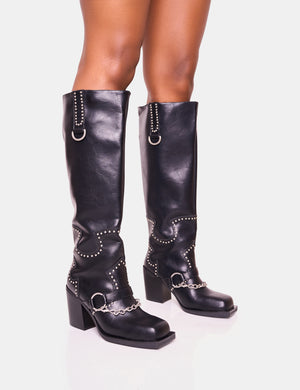 Nashville Black Western Studded Block Heel Knee High Boot