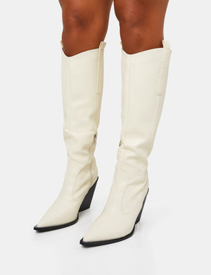 Nevada Ecru Western Cowboy Pointed Toe Block Heel Knee High Boots