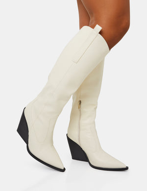 Nevada Ecru Western Cowboy Pointed Toe Block Heel Knee High Boots