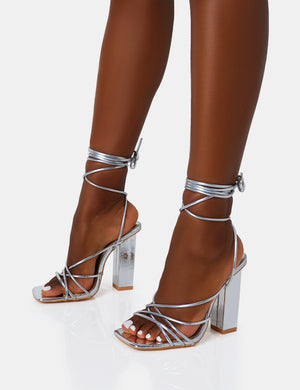 Nyla Wide Fit Silver Mirror Strappy Lace Up Square Toe Block Heels