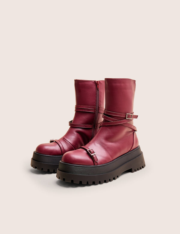 Odessa Burgundy Multi Strap Detail Chunky Sole Ankle Boots