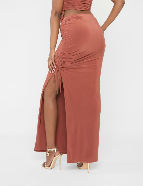 Split Leg Ruched Detail Slinky Maxi Skirt Rust