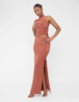 Split Leg Ruched Detail Slinky Maxi Skirt Rust