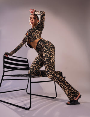 Lace Trim Straight Leg Pants Leopard
