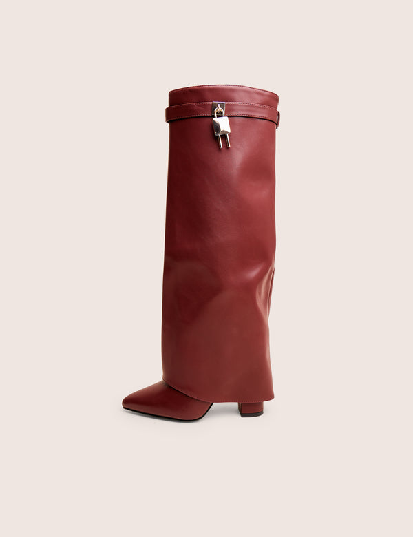Reese Burgundy Fold Over Pu Knee High Boots