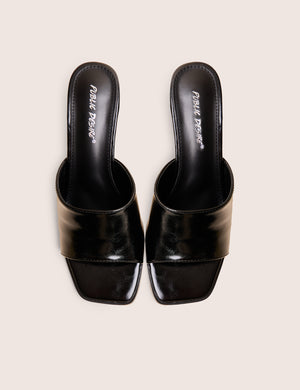 Romi Black Patent Mule Square Toe Flared Block Mid Heels