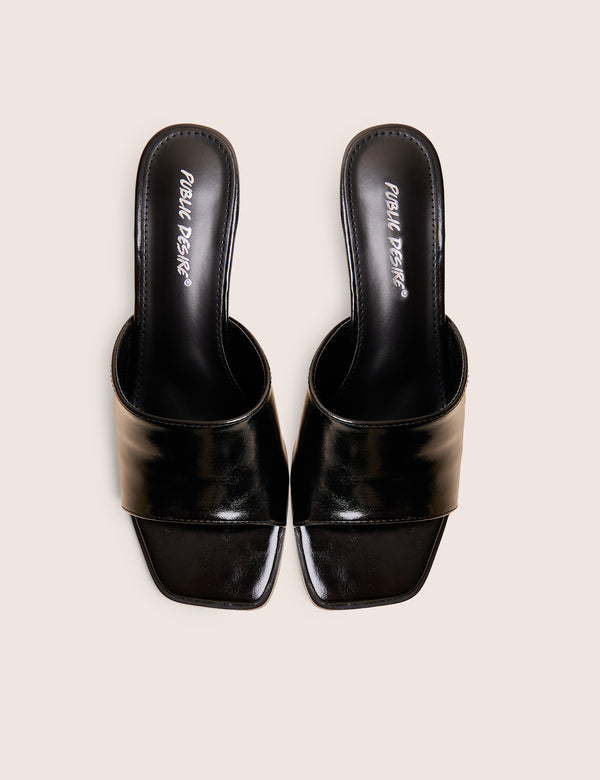Romi Black Patent Mule Square Toe Flared Block Mid Heels