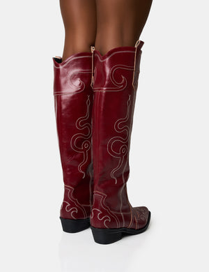 Serpentine Burgundy Wide Fit Snake Embroidered Flat Knee High Western Boots