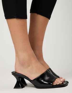 Romi Black Patent Mule Square Toe Flared Block Mid Heels