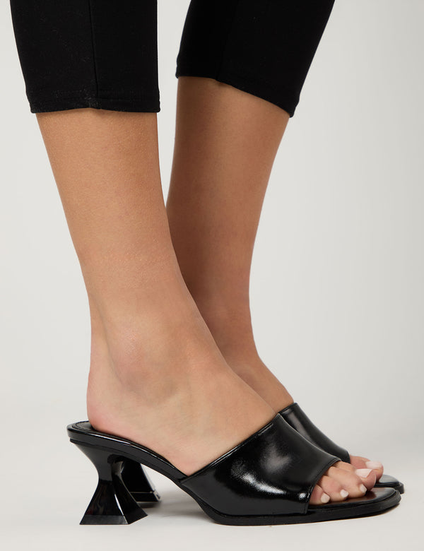 Romi Black Patent Mule Square Toe Flared Block Mid Heels