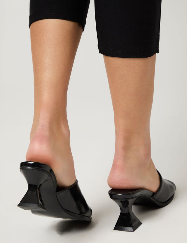 Romi Black Patent Mule Square Toe Flared Block Mid Heels