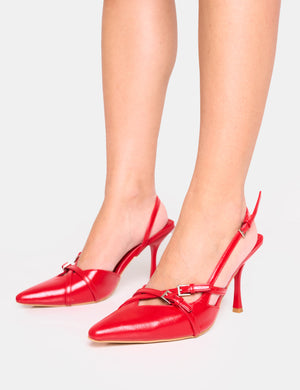 Smooch Wide Fit Red Buckle Detail Slingback Mid Heel Court Shoe