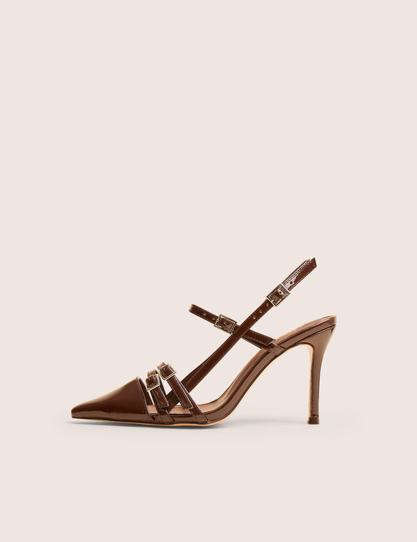 Sushi Brown Patent Buckle Detail Slingback Court Shoes