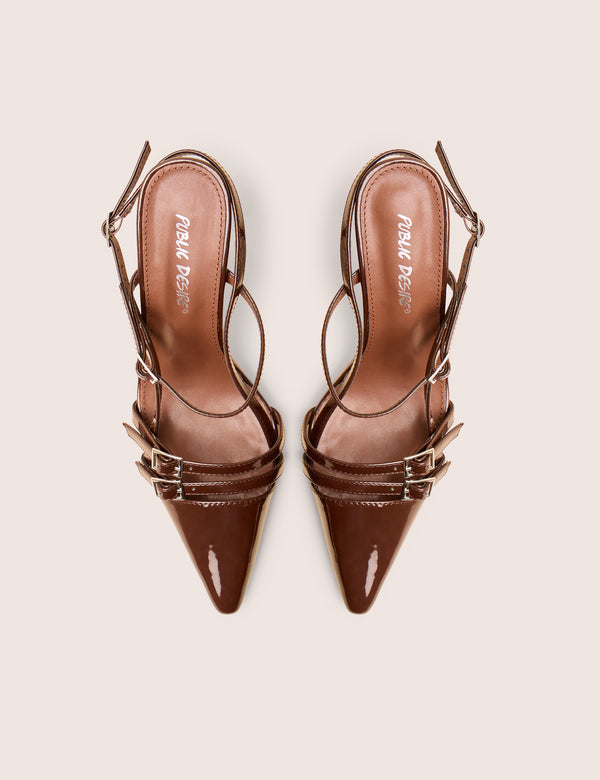 Sushi Brown Patent Buckle Detail Slingback Court Shoes